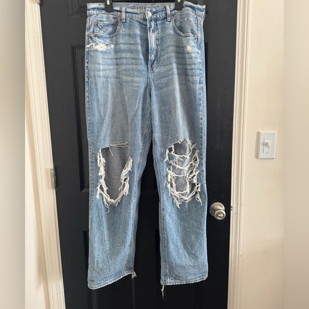 American Eagle Outfitters Blue Straight Leg Jeans with Distressed Details